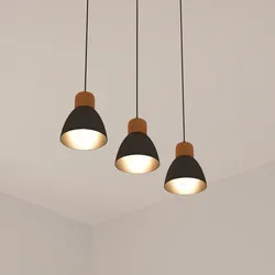 Lampada sospesa 64x15 cm in metallo nero e legno con 3 punti luce