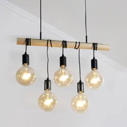 Lampada sospesa 60 cm in metallo nero e legno con 5 punti luce regolabili