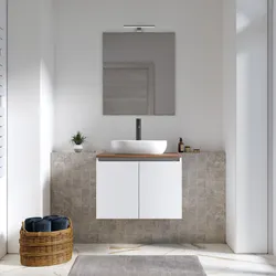 Mobile bagno sospeso 60 cm bianco opaco con top noce maior e specchio - Cuki