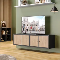 Mobile porta tv sospeso 147x39h cm antracite con 4 ante rovere - Tactik