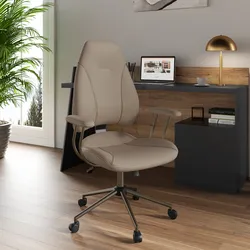 Poltrona da ufficio girevole in similpelle beige con base in metallo grigio - Vinay