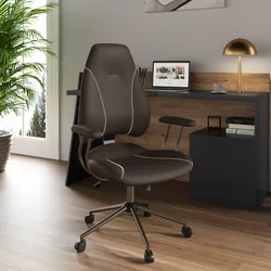 Poltrona da ufficio girevole in similpelle cacao con base in metallo grigio - Vinay
