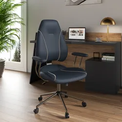 Poltrona da ufficio girevole in similpelle blu con base in metallo grigio - Vinay