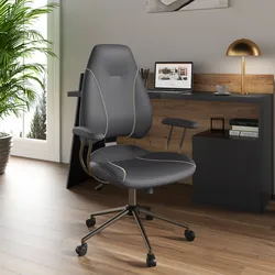 Poltrona da ufficio girevole in similpelle grigio con base in metallo grigio - Vinay