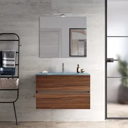 Mobile bagno sospeso con cassetti 80 cm rovere deciso con lavabo in vetro blu e specchio - Cuki