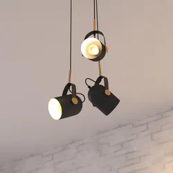 Lampada sospesa rotonda 23 cm in metallo nero ed effetto legno con 3 punti luce