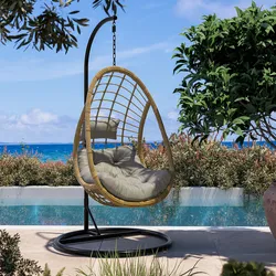 Poltrona sospesa in acciaio nero e polyrattan naturale con cuscino - Kasher