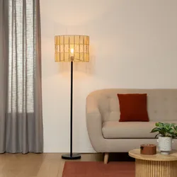 Piantana 150h cm in metallo nero paralume intreccio in corda naturale