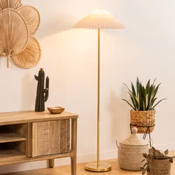 Piantana 150h cm in acciaio oro e paralume plissettato bianco