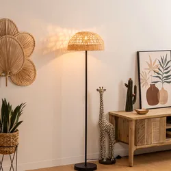 Piantana 150h cm in acciaio nero e paralume in rattan