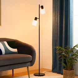 Piantana 145h cm in metallo nero e pietra sintetizzata con due punti luce