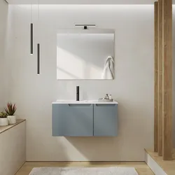 Mobile bagno sospeso 80 cm carta da zucchero cannettato con lavabo e specchio - Konai