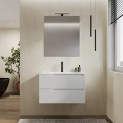 Mobile bagno sospeso 80 cm bianco opaco cannettato con lavabo e specchio - Konai plus