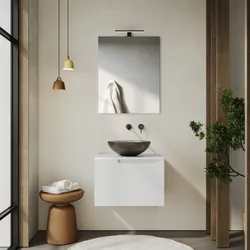 Mobile bagno sospeso 60 cm bianco opaco cannettato con top e specchio - Konai