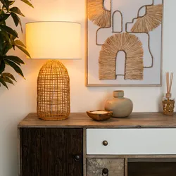 Lampada da tavolo 55h cm in rattan naturale e paralume bianco