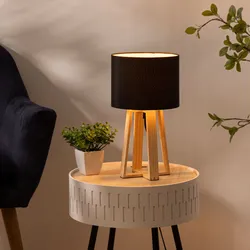 Lampada da tavolo 35h cm in pino naturale e paralume in cotone nero - Abigail
