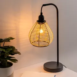 Lampada da tavolo 48h cm in metallo nero e paralume intrecciato in corda