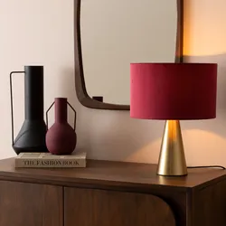 Lampada da tavolo 35h cm in acciaio oro e paralume velluto porpora