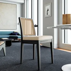 Sedia in legno di olmo nero con schienale in rattan e cuscino in tessuto beige - Bodin