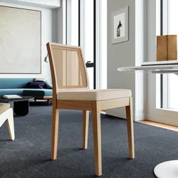 Sedia in legno di olmo scuro con schienale in rattan e cuscino in tessuto beige - Bodin