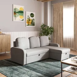 Divano letto 3 posti in tessuto a trama sottile cacao con penisola reversibile e contenitore - Hayes