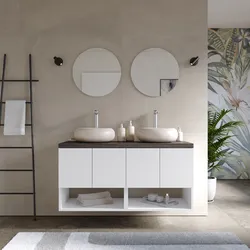 Mobile bagno sospeso 120 cm bianco opaco con top rovere grigio e specchio - Nura