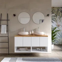 Mobile bagno sospeso 120 cm bianco opaco con top rovere gold e specchio - Nura