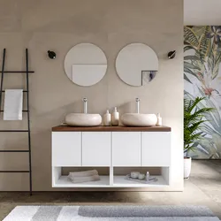 Mobile bagno sospeso 120 cm bianco opaco con top rovere deciso e specchio - Nura