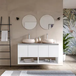 Mobile bagno sospeso 120 cm bianco opaco con top grigio pietra opaco e specchio - Nura