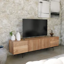 Mobile porta tv 200x55h cm in legno di acacia cannettato con 4 ante e piedi neri - Yuni