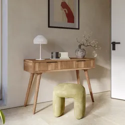 Consolle 118x78h cm in legno di acacia cannettato con 2 cassetti e maniglia nera - Gunadi