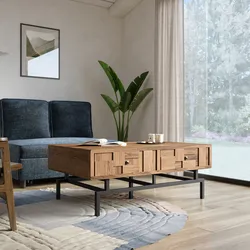 Tavolino 115x70 cm in legno di acacia con struttura in metallo nero e 2 cassetti - Baktu
