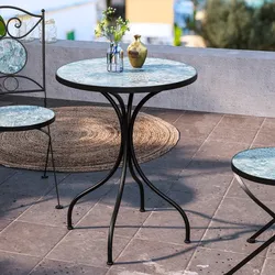 Tavolo da giardino rotondo 60 cm in metallo nero con top in gres effetto marmo basque - Otranto