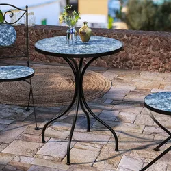 Tavolo da giardino rotondo 60 cm in metallo nero con top in gres effetto marmo argos - Otranto