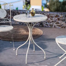 Tavolo da giardino rotondo 60 cm in metallo beige con top in gres effetto marmo alabastro - Otranto