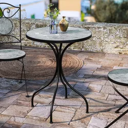 Tavolo da giardino rotondo 60 cm in metallo nero con top in gres effetto marmo attitude - Otranto