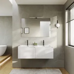 Mobile bagno sospeso 120 cm bianco opaco cannettato con lavabo doppia vasca e specchio - Konai