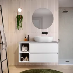 Mobile bagno sospeso 110 cm white satinato con vano a giorno reversibile e top grigio pietra con specchio - Anami