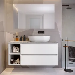 Mobile bagno sospeso 130 cm white satinato con vano a giorno reversibile e top grigio pietra con specchio - Anami
