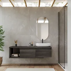 Mobile bagno sospeso 160 cm rovere grigio con cassettoni e specchio - Balik