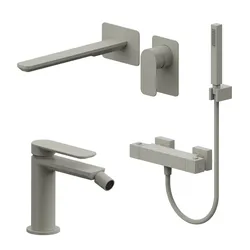 Set miscelatore lavabo a muro canna 25 e bidet con set esterno doccia termostatico fango – Fusion