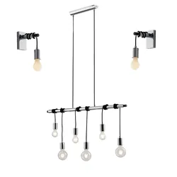 Set lampada sospesa e 2 applique in metallo cromo con cavi in tessuto nero