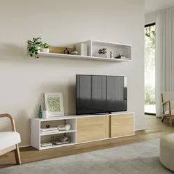 Parete attrezzata 180 cm in legno naturale e bianco opaco con pensile - Atlanta