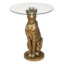 Tavolino rotondo 40 cm base a forma di leopardo oro e top in vetro temperato