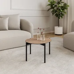 Tavolino 51 cm con top in vetro stratificato hpl effetto rovere maximo e gambe nero - Debel