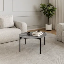 Tavolino 80 cm con top in vetro stratificato hpl effetto cemento e gambe grigio opaco - Debel