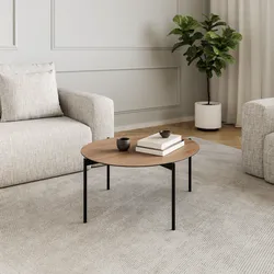 Tavolino 80 cm con top in vetro stratificato hpl effetto rovere maximo e gambe nero - Debel