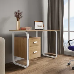 Scrivania 120x60 cm in legno rovere chiaro e acciaio bianco con cassettiera integrata - Franz