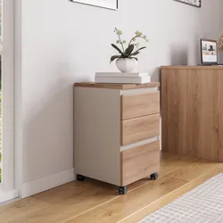 Cassettiera 40x64h cm rovere chiaro e beige con 3 cassetti e ruote - Larah