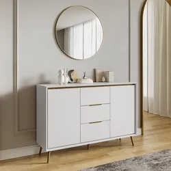 Madia 135x90h cm bianco e rovere con 2 ante e 3 cassetti - Pixie